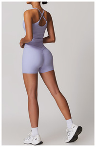 Lavender Crew Neck <b>Crop</b> <b>Top</b> High Waist Shorts 2 Piece Yoga Set Seamless Breathable Activewear - Product Image 4