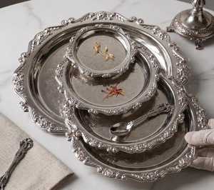 Ornate Vintage Style Silver Oval Tray Individually or as a SetDecorative Metal Catchall Dish Perfume Organizer Wedding <b>Decor</b> - Product Image 2