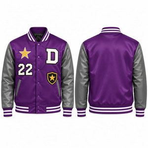 Veste universitaire pour homme en violet, manches en cuir PU, broderie écusson étoile D 22, style preppy, col rabattu, pour l'automne - Product Image 1