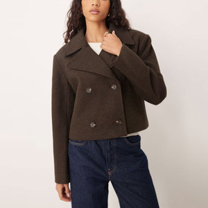 Abrigo Corto de Lana para Mujer, Doble Botonadura, Color Sólido, Cuello con Muescas, Manga Larga, Ropa Exterior Informal, Abrigos Cortos de Lana - Product Image 1