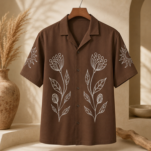 Premium Men's Brown Cotton Embroidered <b>Shirt</b> <b>Half</b> Sleeve Casual Cuban Collar <b>Shirt</b> with White Floral Design - Product Image 4