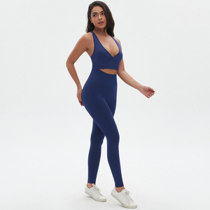 Ensemble de yoga 2 pièces sans coutures avec short et haut dos nu, taille haute, bleu marine uni, extensible dans les quatre sens, en Spandex et Polyester, infroissable, coupe haute à l'avant - Product Image 2