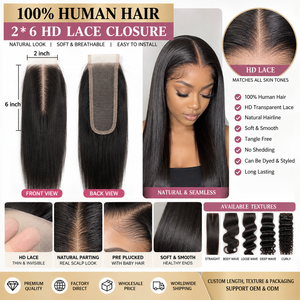 HAIR FASHION INDIA Cabello Virgen Indio 100% con Cierre de Encaje HD de 2x6 Pulgadas, Partición Natural, Doble Trama a Máquina, Suave y Liso, de Una Sola Capa - Product Image 1