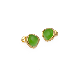 Boucles d'oreilles clous délicates en préhnite naturelle - Clous carrés plaqués or - Pierre précieuse verte douce - Bijoux faits à la main - Cadeau pour femme R - Product Image 1