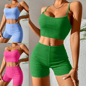 Women's <b>Sexy</b> Sporty Casual Two-Piece <b>Set</b> Solid Pattern Sleeveless Strapless Short Crop Top Knee-Length Shorts <b>Set</b> - Product Image 6