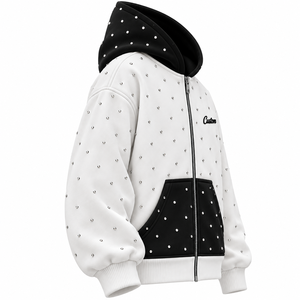 Nouveau style – Sweat à capuche unisexe personnalisé, coupe oversize, avec strass et blocs de couleur, zippé, tricoté, décontracté, pour l'hiver, blanc et noir – Vente chaude - Product Image 3