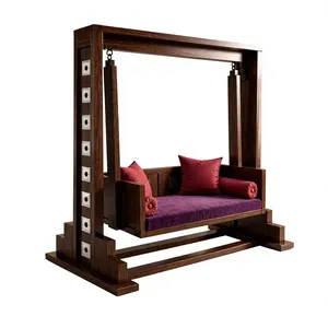 Contemporary Walnut Finish 2-Seater Wooden Porch <b>Swing</b> Modern Solid <b>Wood</b> Indoor <b>Swing</b> with Plush Cushioning South Indian Jhula - Product Image 2