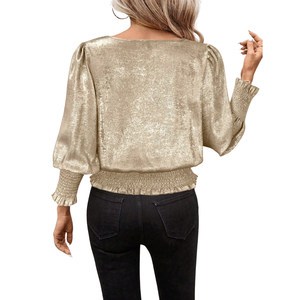 Women's Golden Polyester Satin Loose Autumn Blouse with Hubble-<b>Bubble</b> Sleeves O-Neck Elastic Waist Ruffles XL Chic Party Wear - Product Image 2