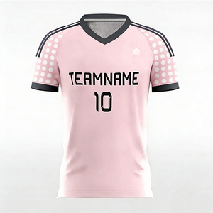 เสื้อฟุตบอลลายจุดสีชมพูแบบกำหนดเองสำหรับผู้ใหญ่ คอวี แขนสั้น ระบายอากาศได้ดี ผลิตจากโพลีเอสเตอร์  ชุดทีมแบบสั่งทำพิเศษ - Product Image 1