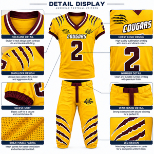 Ensemble d'uniformes de football américain jaune et bordeaux, col en V, manches courtes, jersey respirant, pantalon, entraînement, match, sports d'équipe - Product Image 6