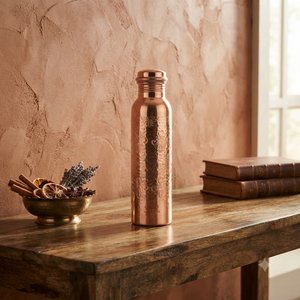 Botella de Agua de Cobre Premium con Patrón Ornamental Antiguo, Tapa de Rosca Hermética, Frasco Ayurvédico Reutilizable para Viajes y Hogar - Product Image 5