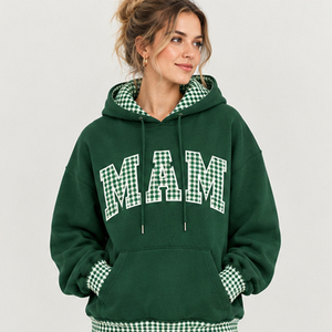 Sudadera con Capucha Rosa Extra Grande para Mujer, Estampado MAM, Ribete a Cuadros, Forro Polar, Corte Regular, Ropa de Otoño - Product Image 4