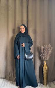 Vestido Abaya Largo hasta el Suelo para Mujer, Color Verde Azulado Sólido, Manga Larga, Cuello en V, Estilo Modesto, Poliéster, Corte Holgado, Uso Diario, Estilo de Oriente Medio - Product Image 6
