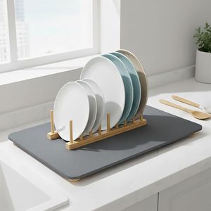 Scolapiatti in Pietra Naturale di Terra Diatomacea per Piano Cucina, con 5 Piedini in Legno, 20x16 Pollici - Product Image 1