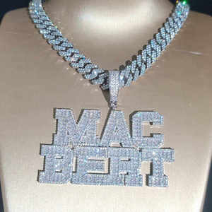 Pendentif Lettre Mac Beth en Argent 925 Plaqué Rhodium avec Moissanite Ronde Taille Brillant, Collier Unisexe Hip Hop pour Fête - Product Image 1