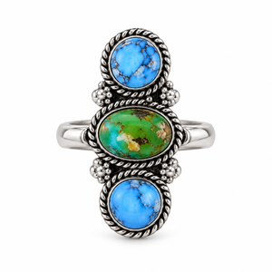 Blue Turquoise Green Turquoise 3 Stone <b>Ring</b> Round Oval Round Gemstone Jewelry Western <b>Boho</b> Handmade Statement <b>Ring</b> - Product Image 2