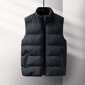 Men's <b>Black</b> Stand Collar Puffer <b>Vest</b> Zipper Front Windproof Casual Winter Outerwear Polyester Wadding Solid Color Regular Fit - Product Image 1