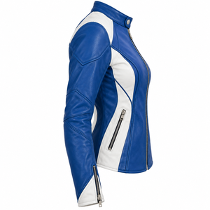Royal Blue Leather <b>Jacket</b> <b>Womens</b> White Side Accent Snap Collar Biker Slim Fit Zip Cuff Custom Racing Track Outerwear Coat Tops - Product Image 3