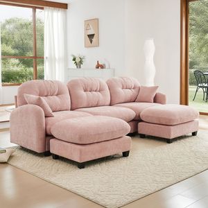 Divano Modulare a U in Tessuto Chenille Premium con Pouf, 2 Cuscini Decorativi, Schiuma ad Alta Densità Trapuntata e Plissettata per Soggiorno - Product Image 2