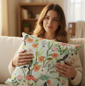 Taie d'oreiller 100 % coton à motif animalier délicat inspiré de la nature, avec des oiseaux gracieux et des fleurs, prête pour commande en gros pour hôtels, 18x18 - Product Image 2
