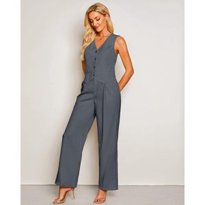 2025 femmes 2 pièces habillé décontracté pantalon costumes sans manches Blazer gilet avec taille haute large jambe pantalon pour travail bureau - Product Image 1