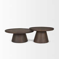 Ensemble de deux tables basses en bois de manguier massif, finition brun foncé, avec base de style tambour et plateau de style plateau, meubles de salon