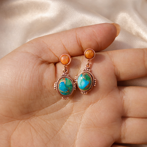 Boucles d'oreilles pendantes artisanales en turquoise bleue et turquoise orange, en argent sterling 925, style bohème |   Bijoux Artisanaux - Product Image 2