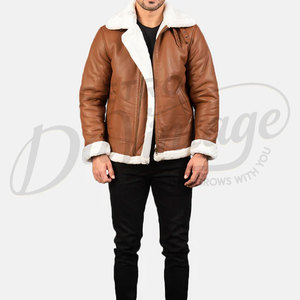 Veste bomber en cuir véritable pour homme, couleur marron clair, doublure en fausse fourrure blanche, veste d'aviateur d'hiver, manteau en cuir de qualité supérieure - Product Image 4