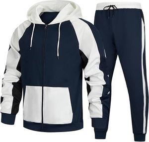 Chándal de hombre azul marino y blanco con diseño 2 en 1, sudadera con capucha de cremallera completa y pantalones a juego, ropa urbana de invierno transpirable 100% poliéster - Product Image 1