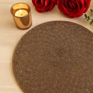SET of 2 Handmade Brown Gold Floral Eco-Friendly <b>Beaded</b> <b>Placemat</b> Elegant Round Home Table Mat for Rustic & Festive Decor - Product Image 3