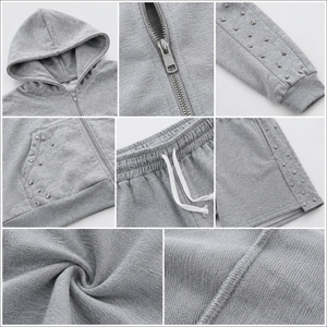 Ensemble vintage 2 pièces 100% coton avec décorations rivetées, sweat à capuche court zippé et short à cordon de serrage, vêtements streetwear, survêtements pour hommes - Product Image 3