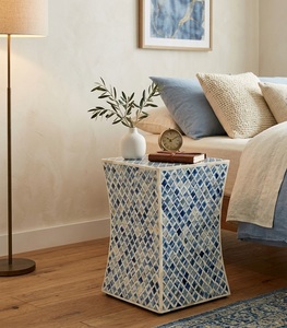 Bone Inlay Velvet Accent <b>Stool</b> Mosaic Ottoman Side <b>Table</b> Curved Backed Seat Bedside Ottoman for Living Room Bedroom Hotel - Product Image 1