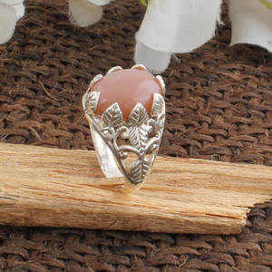 แหวนดอกไม้มูนสโตนสีพีชธรรมชาติ 925 เงินสเตอร์ลิงดอกไม้พลอยคลาสสิกเครื่องประดับงานแต่งงานผู้หญิงของขวัญโรแมนติก - Product Image 5