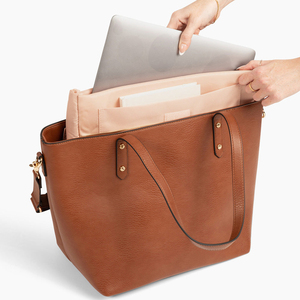 Sac fourre-tout en cuir véritable marron, couleur unie, fermeture à glissière, style minimaliste pour un usage quotidien, sac fourre-tout de travail - Product Image 1