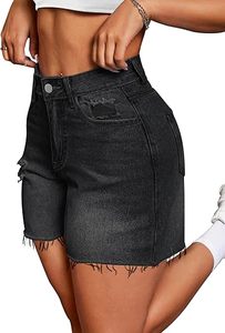 Shorts de mezclilla rasgados de cintura alta para mujer, estilo casual, negros, desgastados, de moda de verano, de color liso con dobladillo deshilachado - Product Image 3