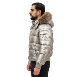 Men's <b>Silver</b> Hooded Puffer <b>Jacket</b> Fur Trim Windproof Breathable Cotton Filled Streetwear Winter Wear Zipper Closure Regular Fit - Product Image 5