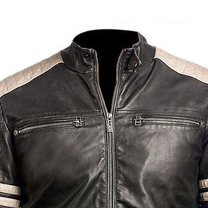 Blouson de moto en cuir véritable noir pour homme, style motard, col montant, fermeture éclair, coupe classique, pour l'automne - Product Image 2