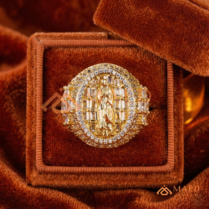 แหวนศาสนาเคลือบทอง 18K14K – ดีไซน์รูปวงรีพระแม่มารีแบบโดดเด่น ประดับเพชรทรงบาแกตต์ – เครื่องประดับศรัทธาสมัยใหม่ - Product Image 5