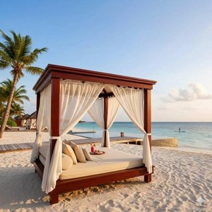 Chaise longue de jardin en teck avec rideaux, coussins en mousse à mémoire de forme, design tropical, dossier solide, durable et personnalisable - Product Image 1