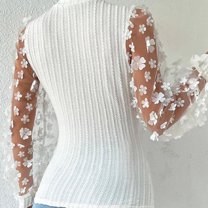 Blusa de punto acanalado de manga larga con apliques florales 3D elegante para mujer, top casual ajustado con cuello redondo, capa transparente de verano - Product Image 2