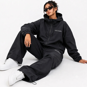 Vocksin <b>Women's</b> Black Waterproof Quick Dry Winter Hooded Windbreaker Tracksuit Lightweight Zipper <b>Jacket</b> Wide Leg Pants Set - Product Image 2