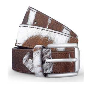 Cinturón de Cuero con Pelo de Vaca, Estampado Animal, Hebilla Rectangular Plateada, Casual, para Hombres, Mujeres y Niños - Product Image 1