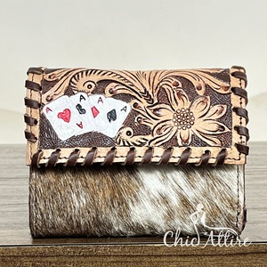 Genuine Cowhide & Tooled Leather Trim Lady's <b>Wallet</b> Hot Sale Western Leather Tri-Fold Aces <b>Wallet</b> Card Holder Organizer <b>Wallets</b> - Product Image 1