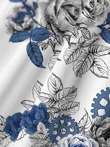 Unisex White Floral Printed Short Sleeve Shirt With Blue Gears Turn-down Collar Regular Fit Breathable <b>Polyester</b> Summer Wear - Product Image 5