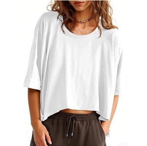 Blusa Corta Blanca para Mujer, Manga Tres Cuartos, Cuello Redondo, Corte Holgado, Informal, Tejida, Color Sólido, 100% Algodón, Primavera Verano - Product Image 1