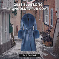 Manteau long en fourrure populaire pour femmes, trench-coat bleu clair avec fourrure de renard de Mongolie et ceinture en peau de mouton à motif léopard