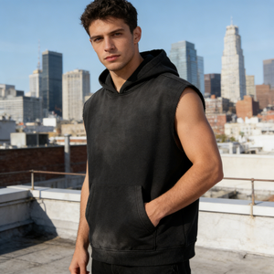 Wholesale Custom logo Acid Wash 100% Cotton Casual Tanktop Oversized Vintage Streetwear <b>Sleeveless</b> Blank <b>Hoodie</b> for Men - Product Image 4