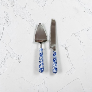 Floral Handle Cake Server <b>Set</b> Metal Blade Dishwasher Safe Wedding Utensils <b>Blue</b> Patterned Design - Product Image 1