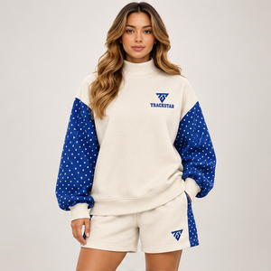 Women's Cream Polka Sleeve Mock Neck 2-Piece <b>Shorts</b> <b>Set</b> Custom Casual Sportswear - Product Image 1