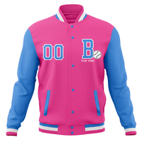 Blouson universitaire personnalisé rose et bleu pour homme, style baseball, avec lettres 00 et nom d'équipe imprimés, broderie frontale, pour l'automne